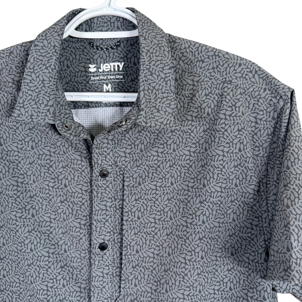 Jetty Performance Shirt Snaps Up Mens M Gray Leaf Print S/S Ventilated Stretch